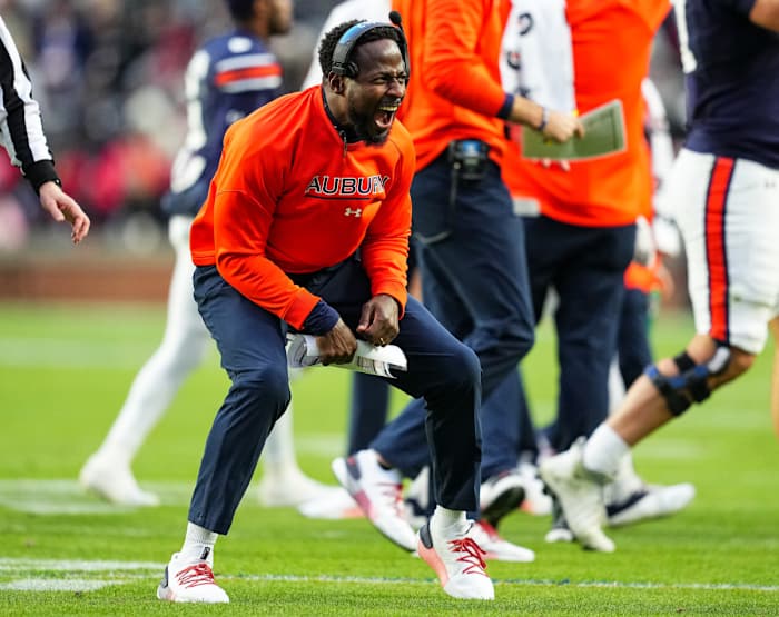 Coach Carnell Williams celebrates touchdown during the football game between the Western Kentucky Hilltoppers and the Auburn Tigers at Jordan Hare Stadium in Auburn, AL on Saturday, Nov 19, 2022.Zach Bland/Auburn Tigers